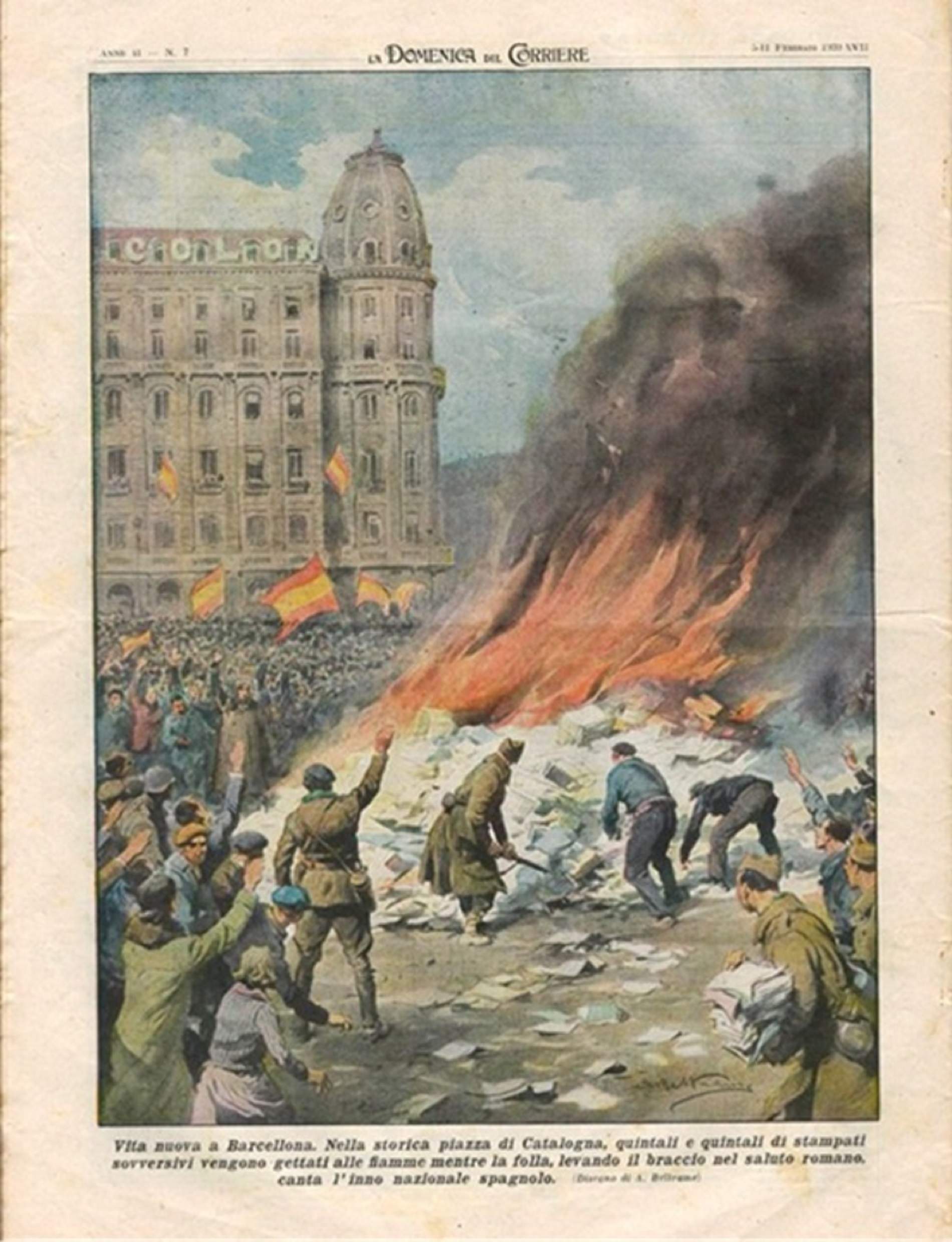 Barcelona. Las tropas de ocupación franquistas quemando libros en catalán en la calle (1939). Fuente Blog Antonio Baños