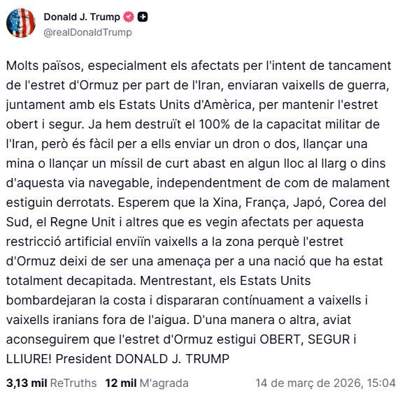 Publicació traduïda de Trump a Truth Social