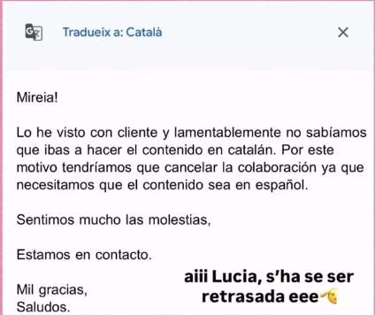 El correo que recibió Mireia Jordà por parte de la empresa Instagram