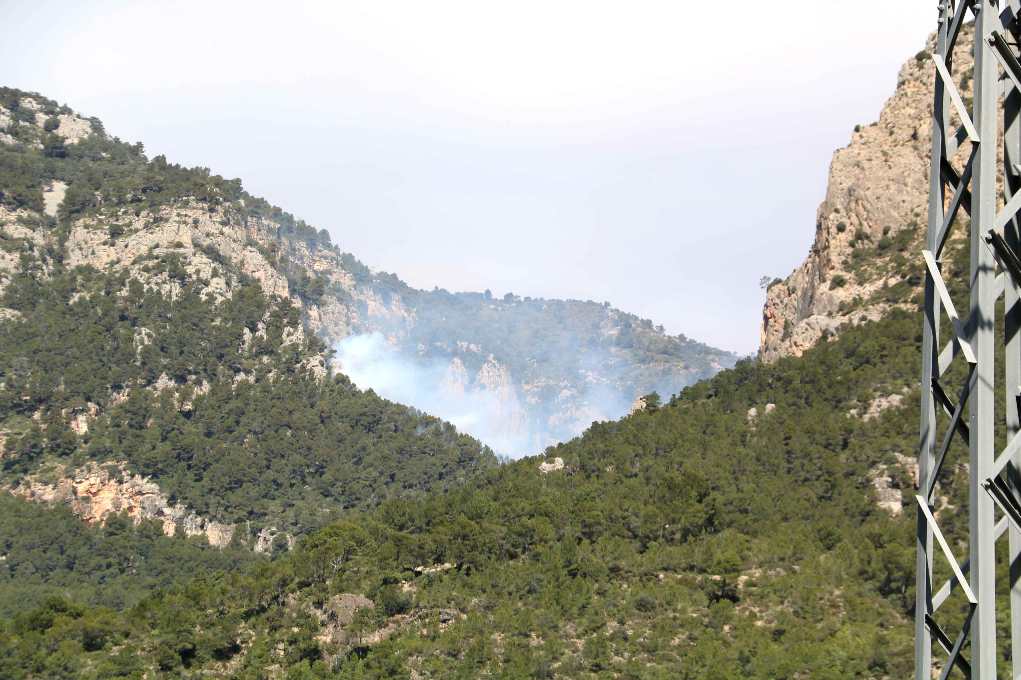 Incendio forestal en Paüls: el fuerte viento complica las tareas de extinción