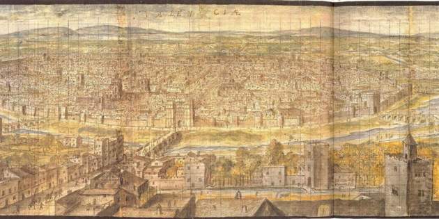 Representación de Valencia cabeza y casa en la época de Rois de Corella / Fuente: Wikimedia Commons