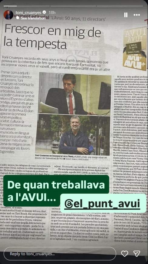 L'artícle de Toni Cruanyes a 'El Punt Avui' / Instagram L'artícle de Toni Cruanyes a 'El Punt Avui' / Instagram