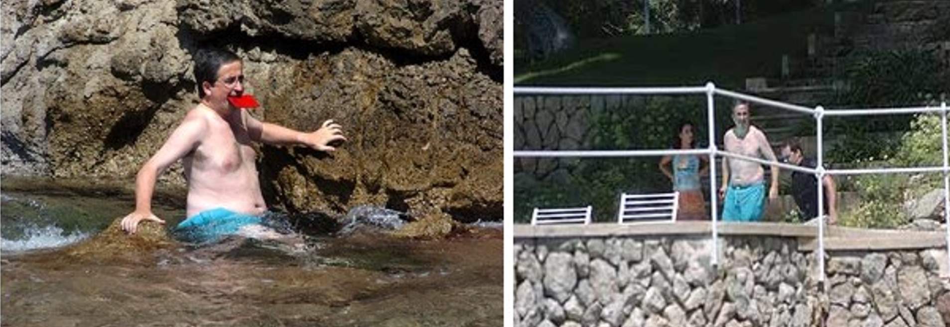 Joan Puig con la identificación en la boca, Pedro J. Ramírez mirándolo en la piscina, Archivo Joan Puig con la identificación en la boca, Pedro J. Ramírez mirándolo en la piscina, Archivo