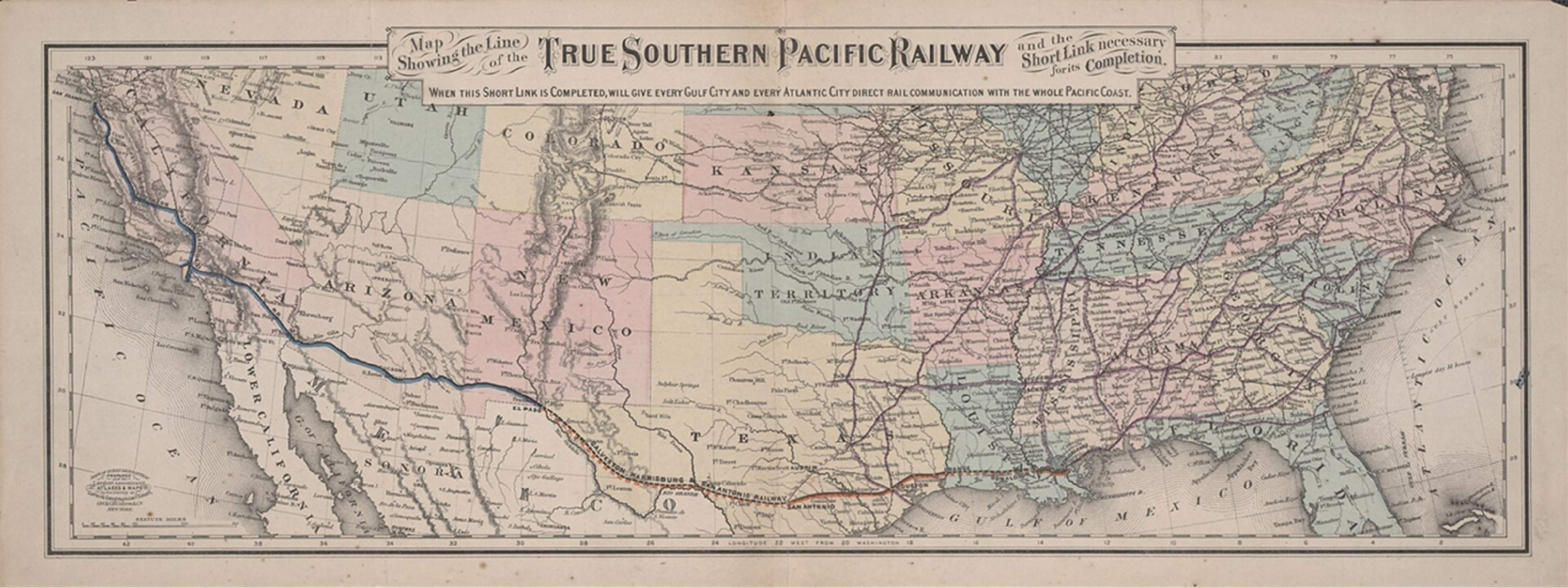 Mapa de la línea ferroviaria que explica la expedición de Walker a Baja California (1881). Fuente Library of University of Texas