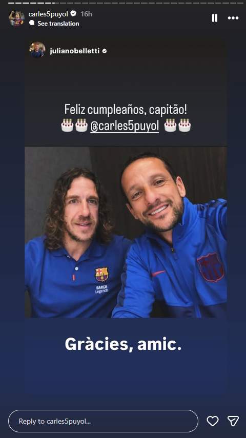 Juliano Belletti felicita a Carles Puyol por su cumpleaños IG