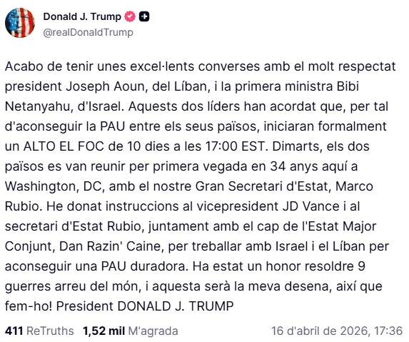 Publicación traducida de Trump a Truth Social Publicación traducida de Trump a Truth Social