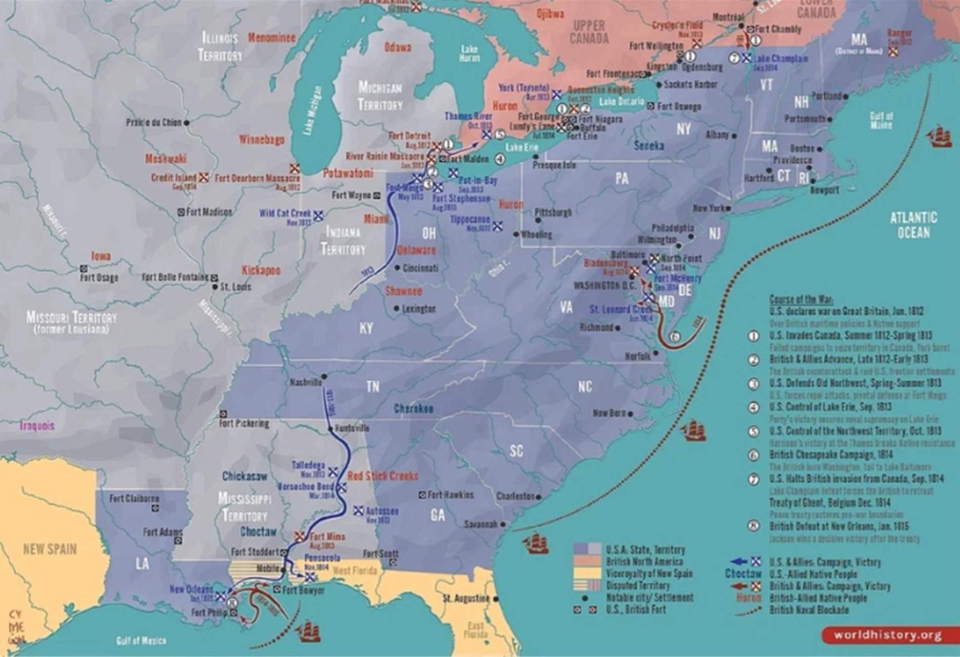 Mapa de los Estados Unidos durante la Guerra anglo americana. Fuente World History Enciclopedy