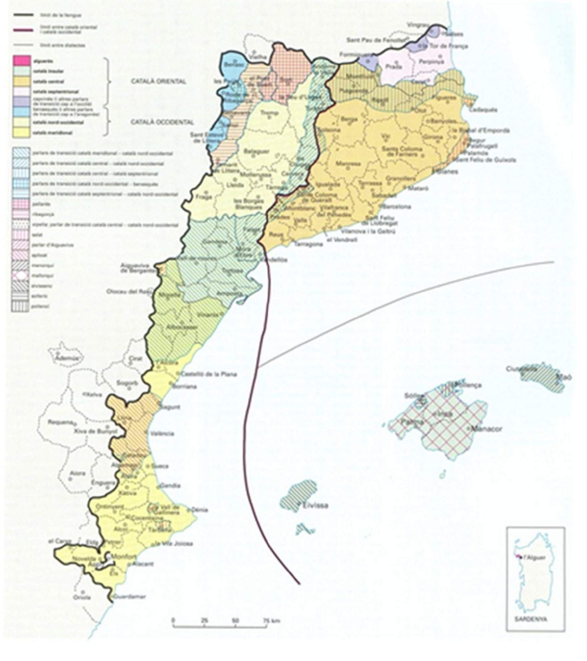 Mapa del dominio lingüístico del catalán. Fuente Enciclopedia Catalana