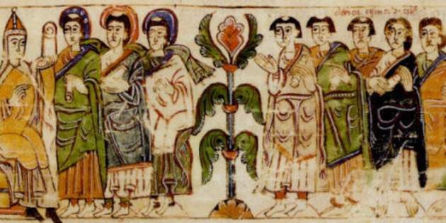 Representació coetània de la cort hispano visigótica de Toledo. Font Crónica Albeldense (1)