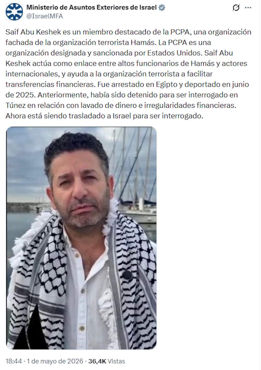 El post del Miniseteri d'Afers Exeteriors d'Israel