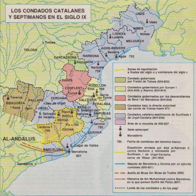 Mapa dels dominis de Guifré el Pilós i dels parents que li reconeixien un ascendent. Font Universitat de Barcelona (1)