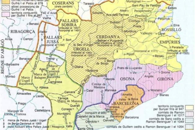 Mapa dels comtats independents catalans cap a l'any 1000. Font Enciclopedia Catalana (1)