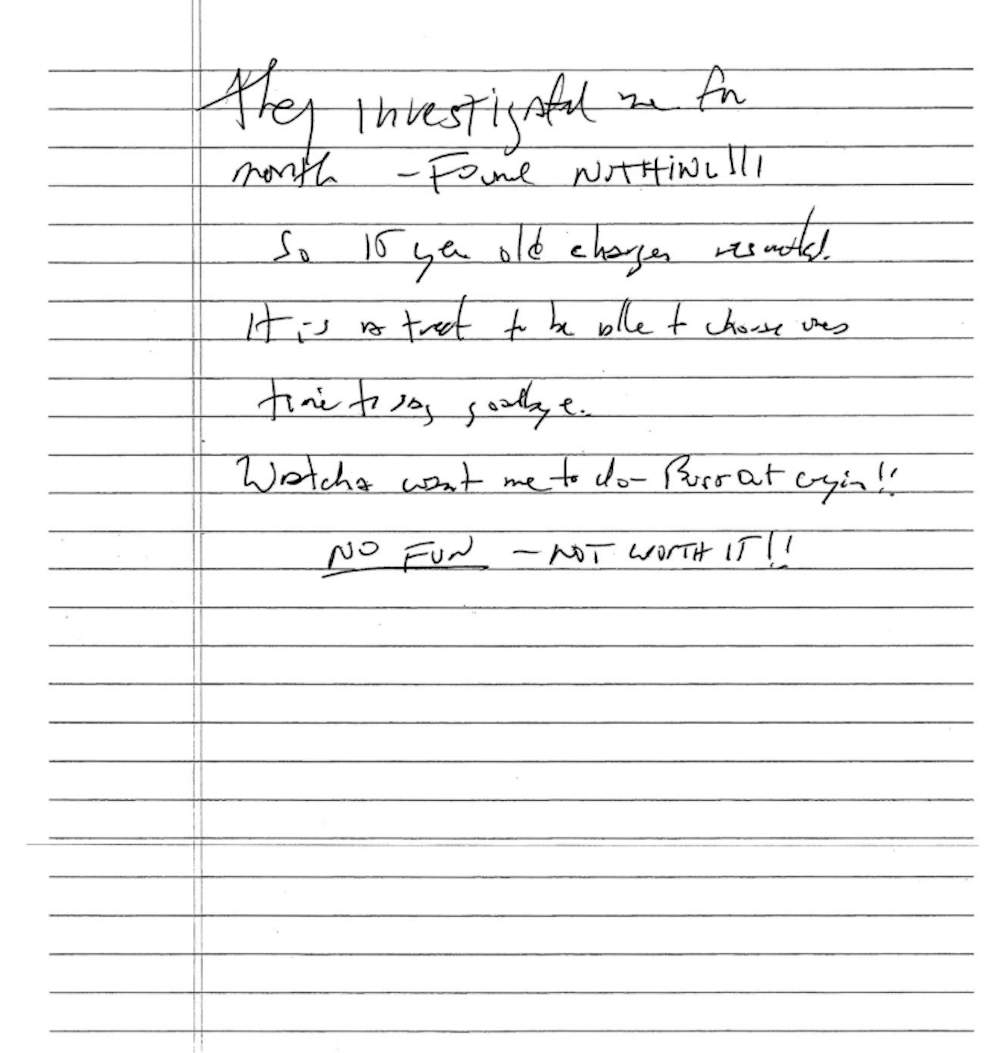 La supuesta carta de suicidio manuscrita de Epstein