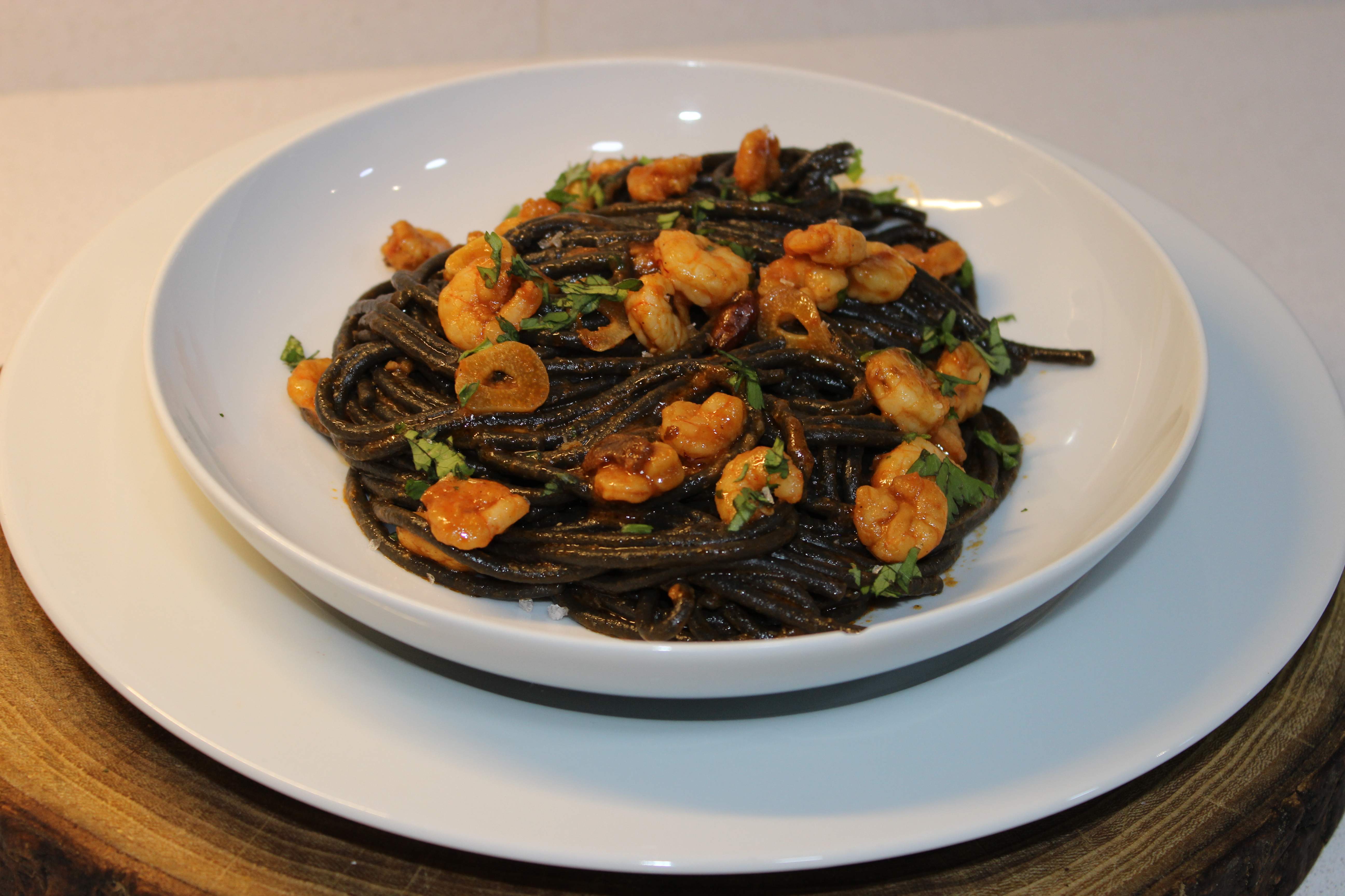 Espaguetis amb gambes extra-picants
