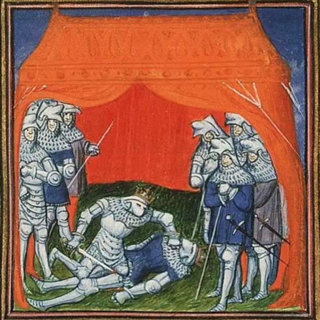 Representació de l'assassinat de Pere I a mans del seu germanastre Trastàmara. Font Bibliothèque Nationale de France (1)