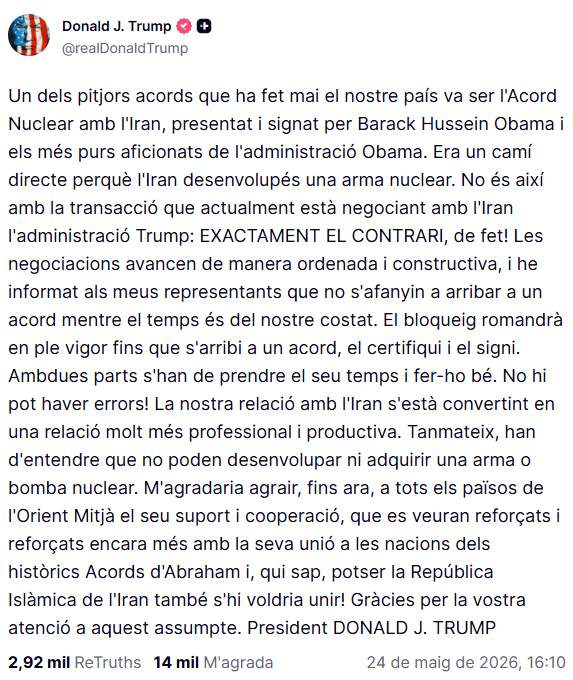 Publicació traduïda de Trump a Truth Social Publicació traduïda de Trump a Truth Social