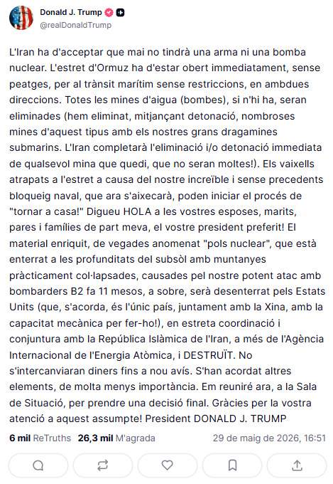 Missatge de Trump a la xarxa Truth Social Missatge de Trump a la xarxa Truth Social