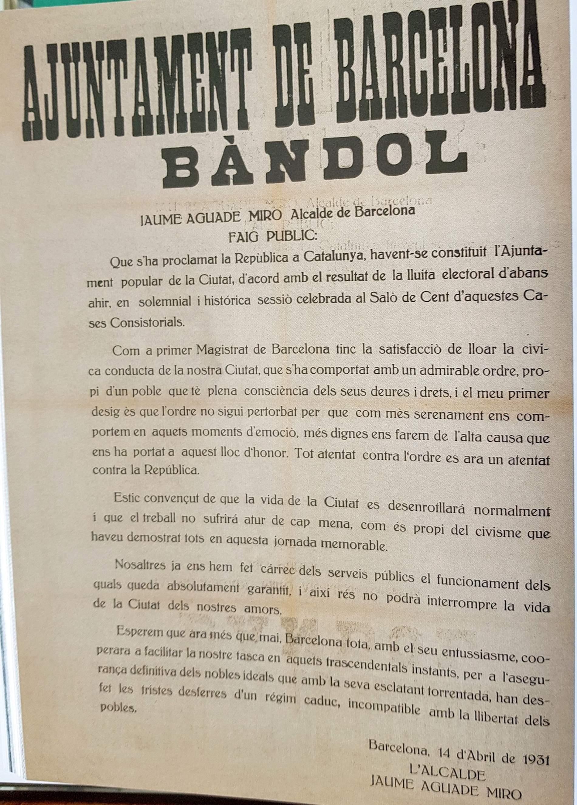 Primer ban de l'alcalde Aiguader. Font Arxiu Historic de la Ciutat de Barcelona