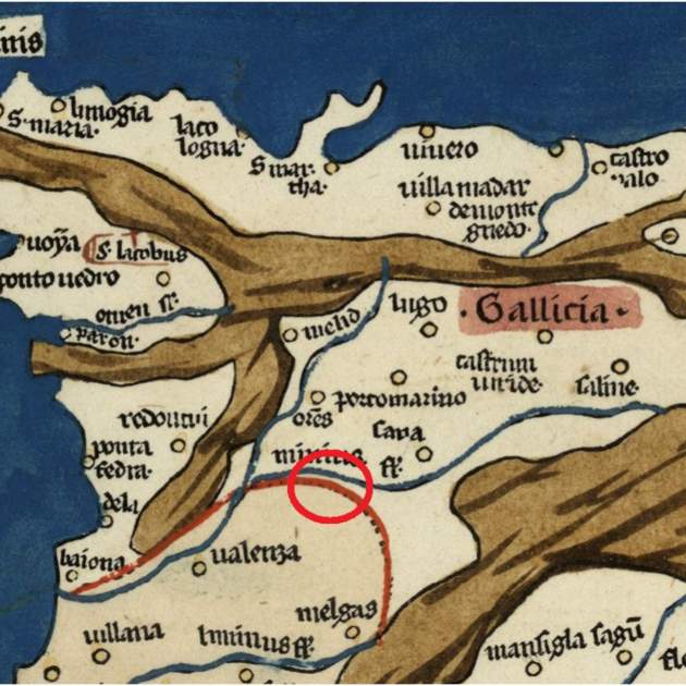 Fragment d'un mapa peninsular del segle XV. Quadrant nord occidental. Encerclat en vermell la situació del Couto Misto. Font Cartoteca de Catalunya (1) Fragment d'un mapa peninsular del segle XV. Quadrant nord occidental. Encerclat en vermell la situació del Couto Misto. Font Cartoteca de Catalunya (1)