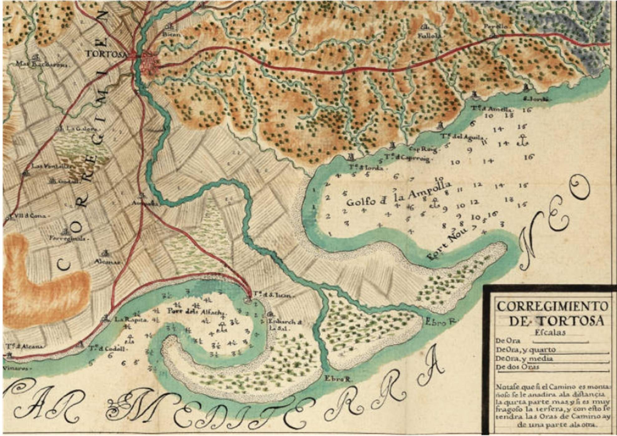 Mapa del delta de l'Ebre (1716). Font Cartoteca de Catalunya