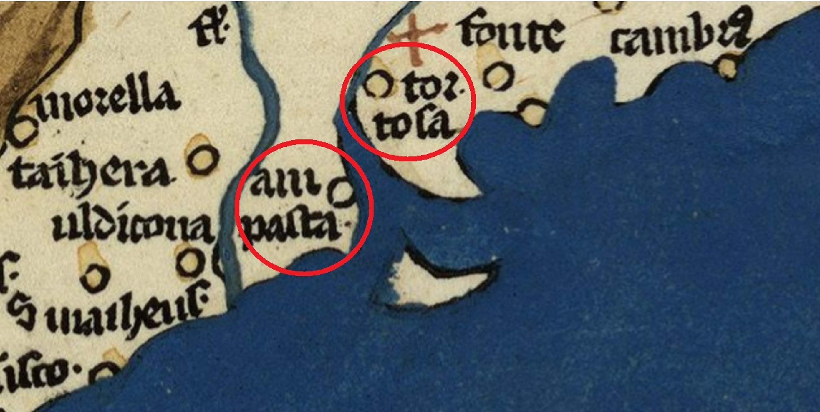 Fragment d'un mapa de la península (1479). Encerclats en vermell, les ciutats de Tortosa i Amposta. Font Cartoteca de Catalunya