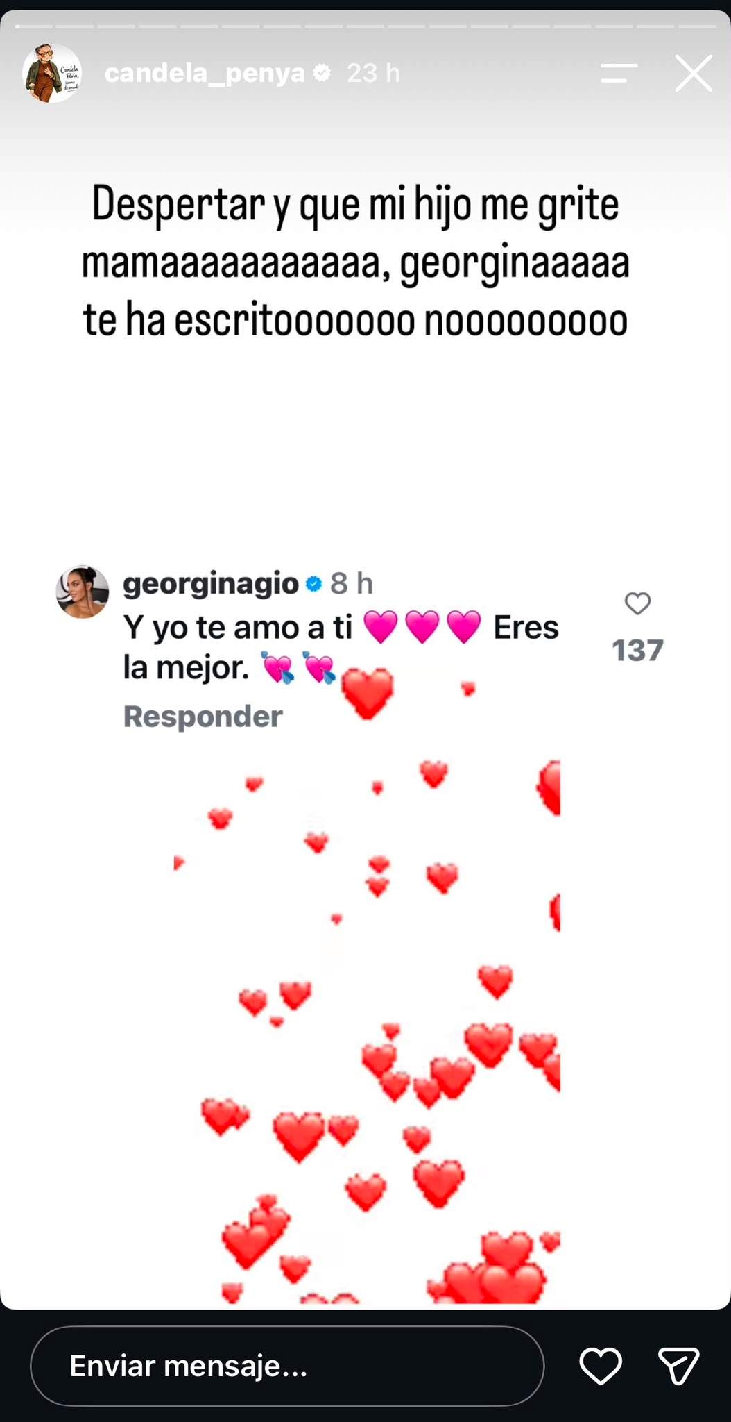 Candela Peña sobre el comentari que li ha escrit Georgina / Instagram Candela Peña sobre el comentari que li ha escrit Georgina / Instagram