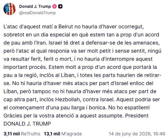 Publicació traduïda de Trump a Truth Sociala