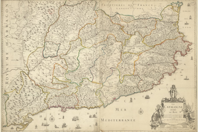 Carles d'Habsburg jura les Constitucions de Catalunya. Mapa francès de Catalunya (1707). Font Bibliothèque Nationale de France