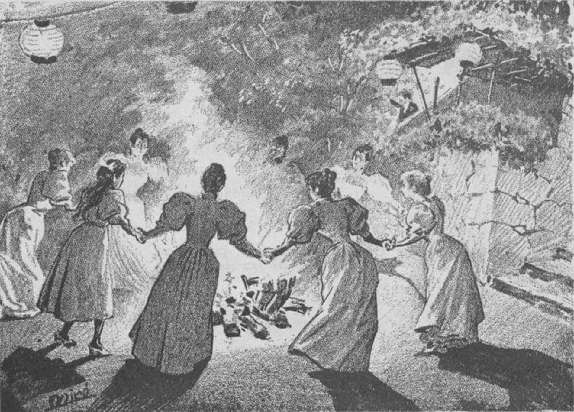 Noies ballant al voltant de la foguera. Gràcia (1896). Font L'Esquella de la Torratxa