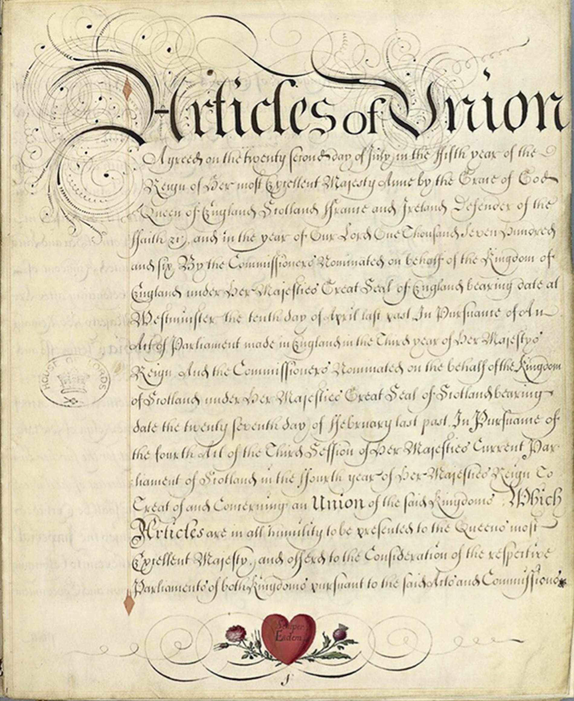 Primera plana de l'Acta d'Unió (1707). Font Wikimedia Commons