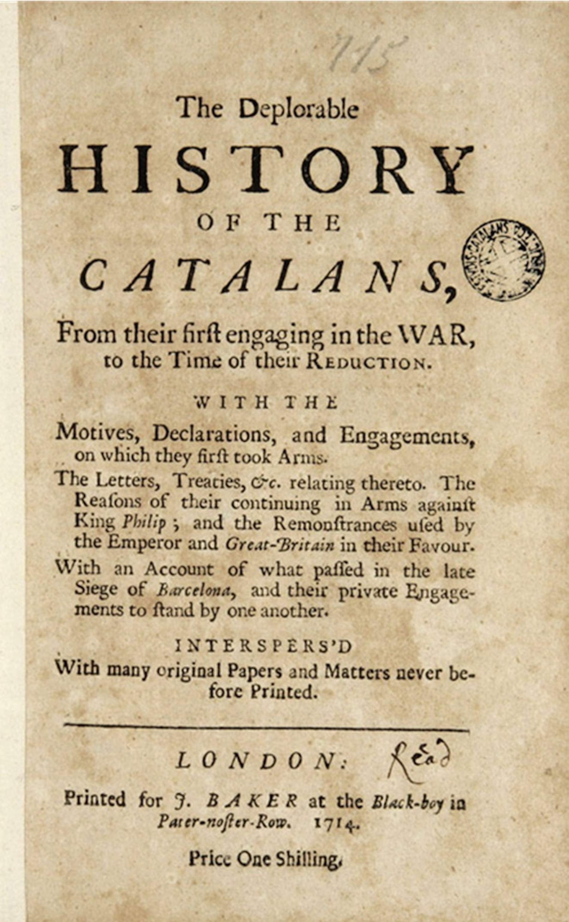 Portada de la Deplorable Història dels Catalans (1714). Font Wikimedia Commons