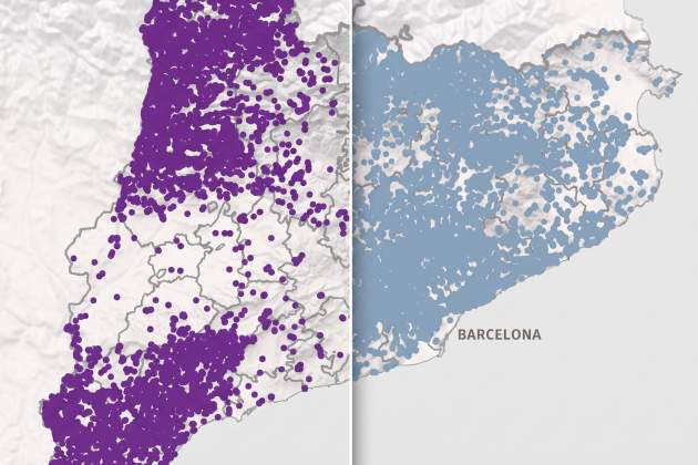 Distribució del topònim barranc (lila) i torrent (blau) / ICGC Distribució del topònim barranc (lila) i torrent (blau) / ICGC