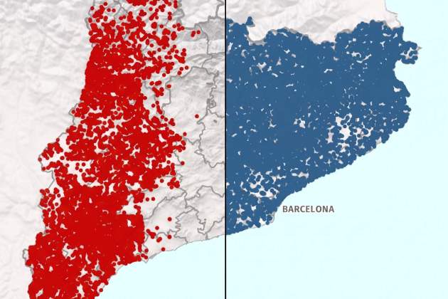 Distribució de l’article 'lo' (vermell) i 'la' (blau) en toponímia catalana / ICGC Distribució de l’article 'lo' (vermell) i 'la' (blau) en toponímia catalana / ICGC