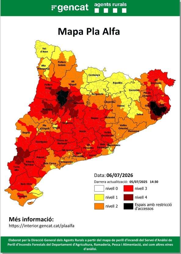 Mapa incendis Pla Alfa dilluns 6 juliol 2026 Mapa incendis Pla Alfa dilluns 6 juliol 2026