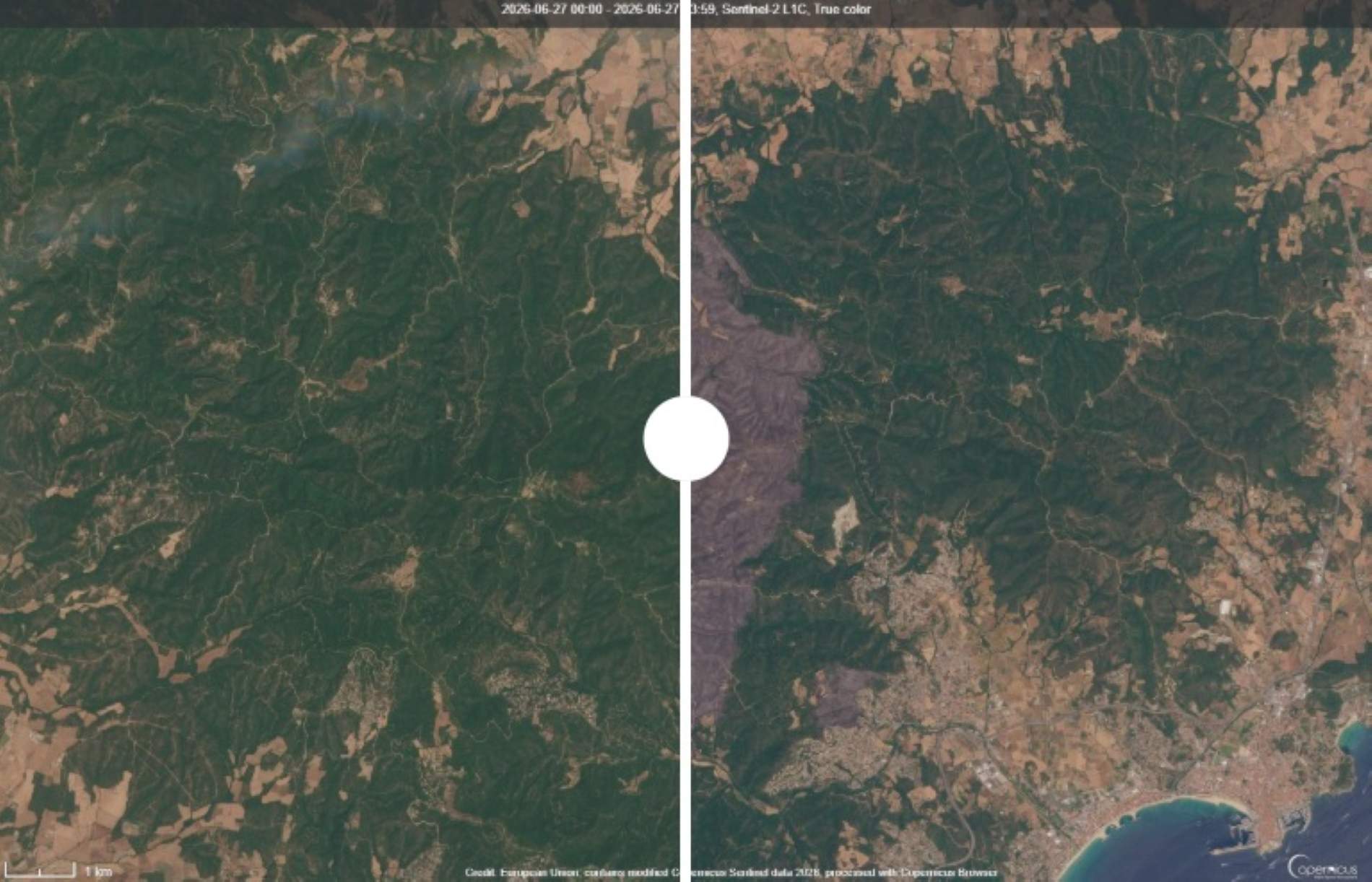 La devastación del incendio de Les Gavarres, a ojo de satélite: el antes y el después del fuego