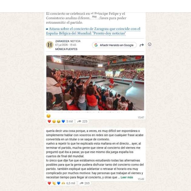 La resposta d'Aitana a la premsa / WhatsApp La resposta d'Aitana a la premsa / WhatsApp