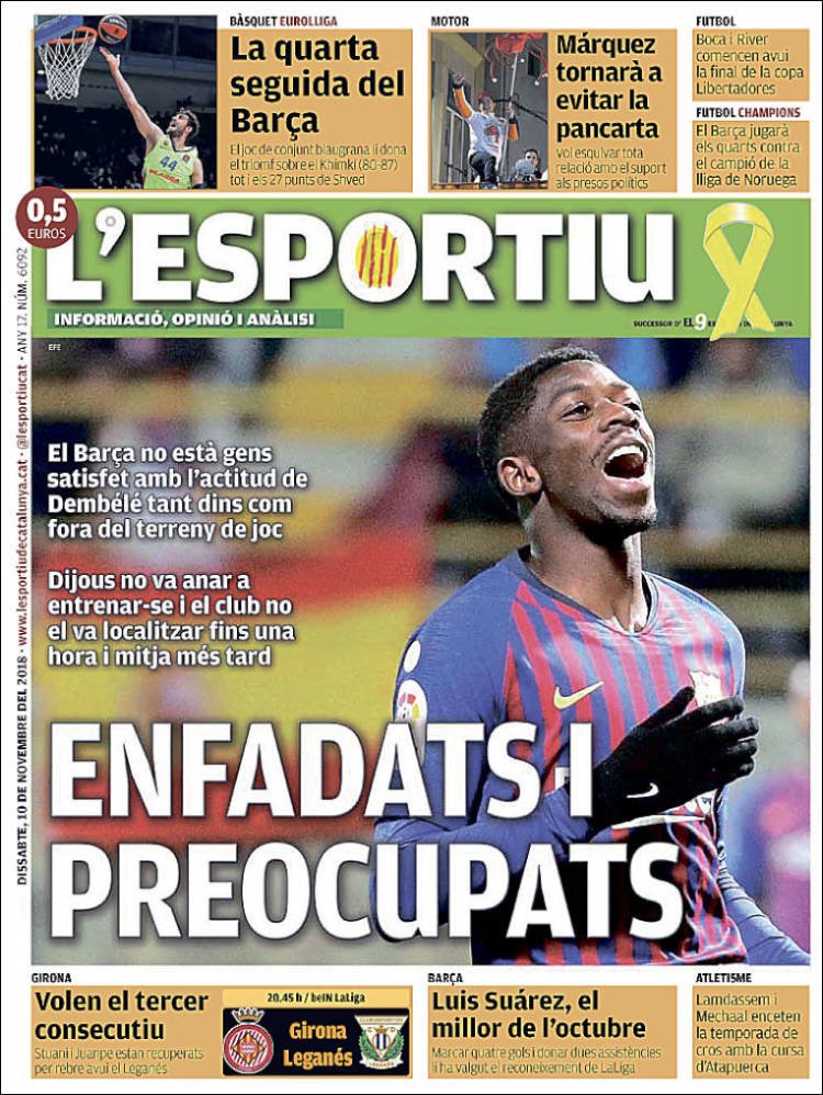 L'Esportiu Portada 10 11 2018 L'Esportiu Portada 10 11 2018