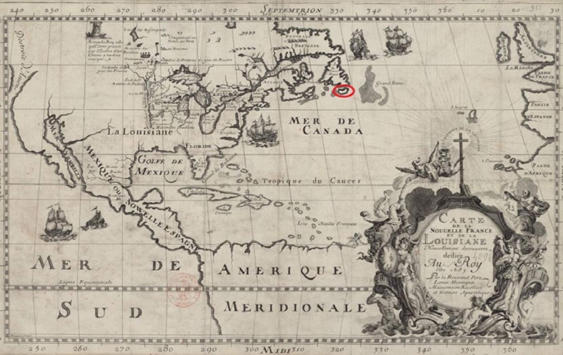Mapa de les colònies franceses d'Amèrica del Nord. Encerclat en vermell, Saint Pîerre et Miquelon. Font Bibilioteca Nacional de França Mapa de les colònies franceses d'Amèrica del Nord. Encerclat en vermell, Saint Pîerre et Miquelon. Font Bibilioteca Nacional de França