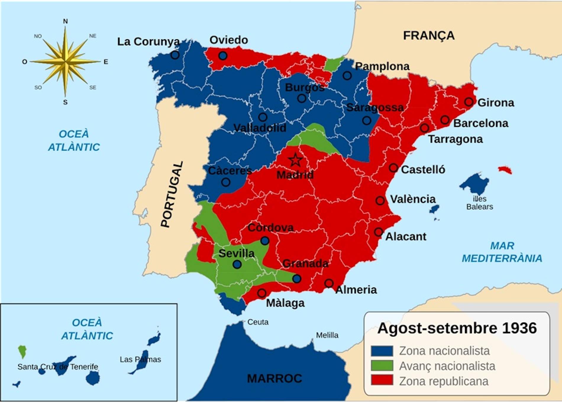 Mapa de la divisió de l'estat espanyol després del cop d'estat. Font Spanish Civil War Mapa de la divisió de l'estat espanyol després del cop d'estat. Font Spanish Civil War