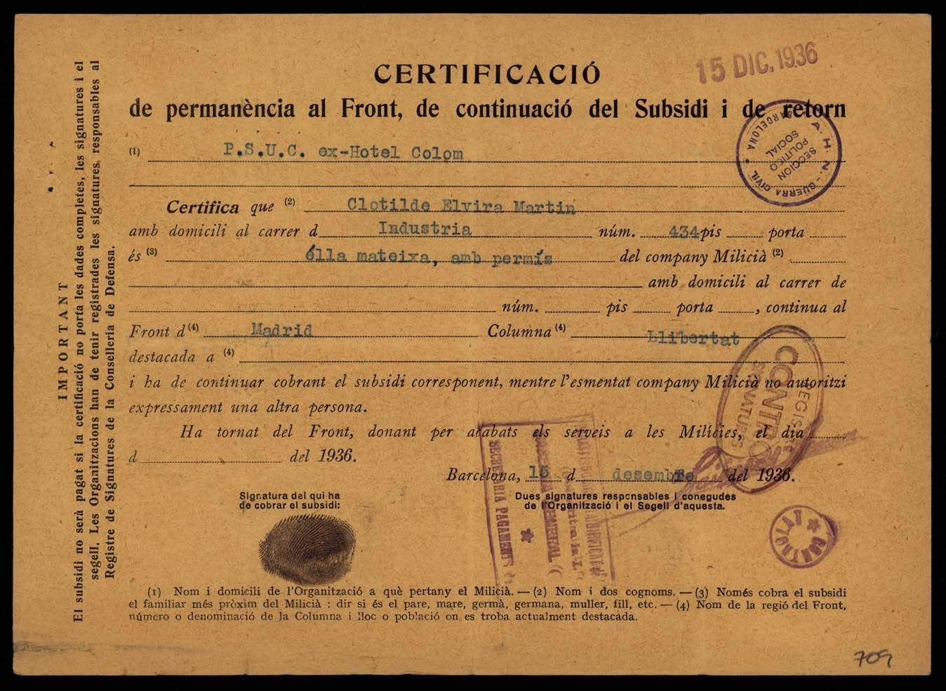 Certificat de permanència al front de Clotilde Elvira Martín, militant del PSUC destinada al front de Madrid amb la Columna Llibertat (Memorial Democràtic) Certificat de permanència al front de Clotilde Elvira Martín, militant del PSUC destinada al front de Madrid amb la Columna Llibertat (Memorial Democràtic)