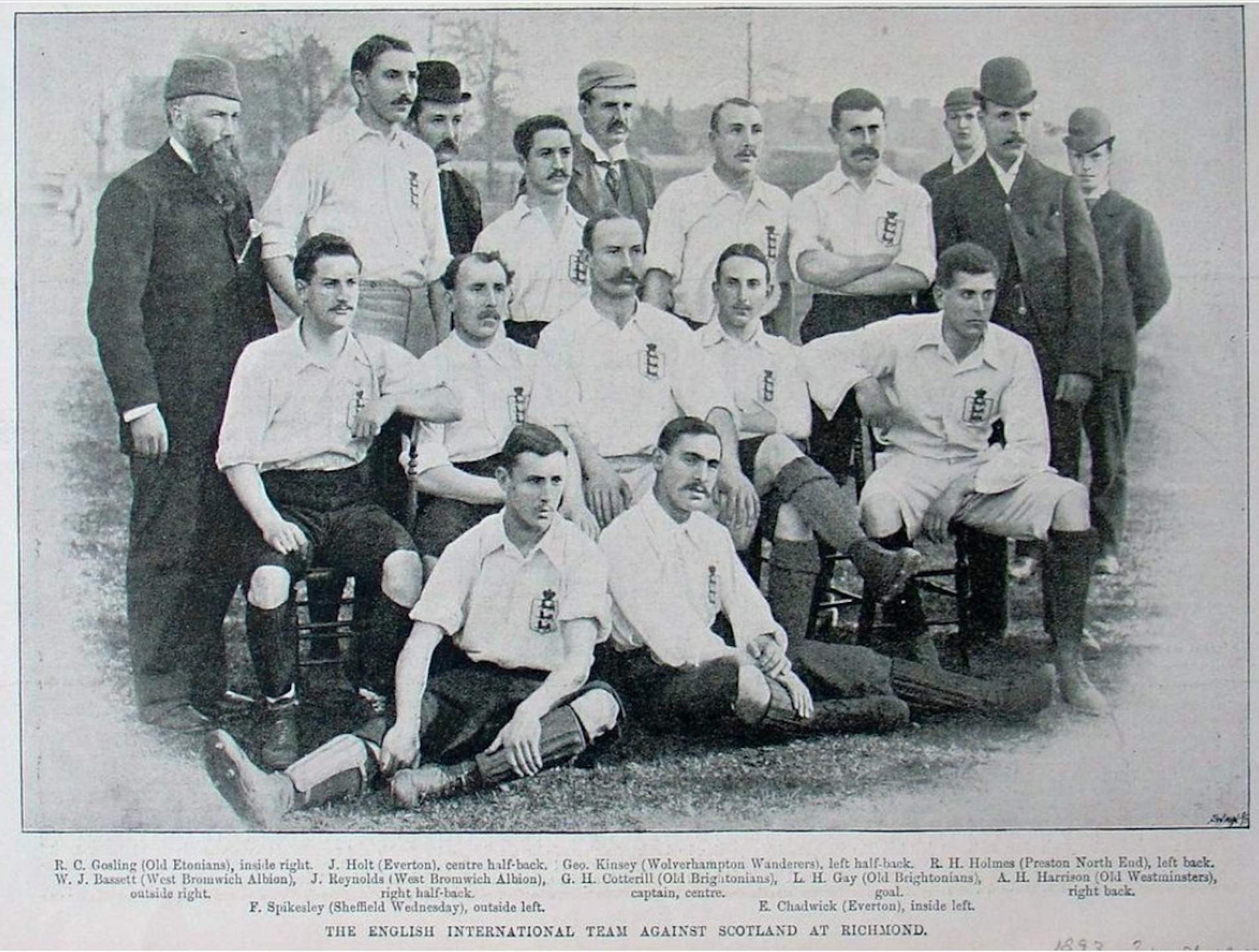 Selecció d'Anglaterra, en un partit Anglaterra Escòcia (1893). Font Wikimedia Commons Selecció d'Anglaterra, en un partit Anglaterra Escòcia (1893). Font Wikimedia Commons