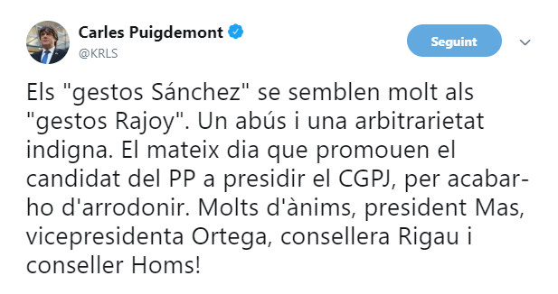 Captura tuit Puigdemont TC