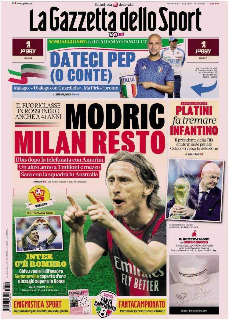 La Gazzetta dello Sport portada 22 07 2026 La Gazzetta dello Sport portada 22 07 2026