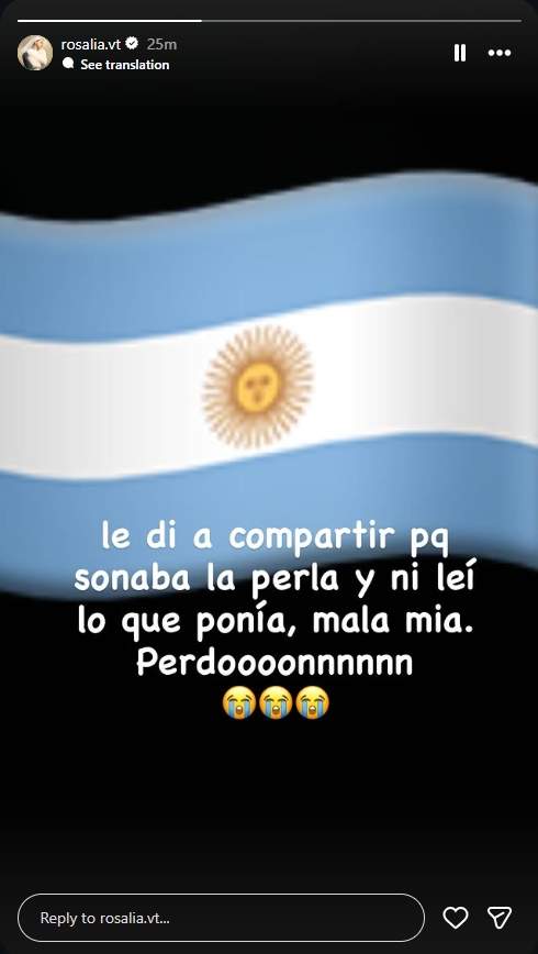 Rosalía se disculpa con los fans argentinos / Instagram