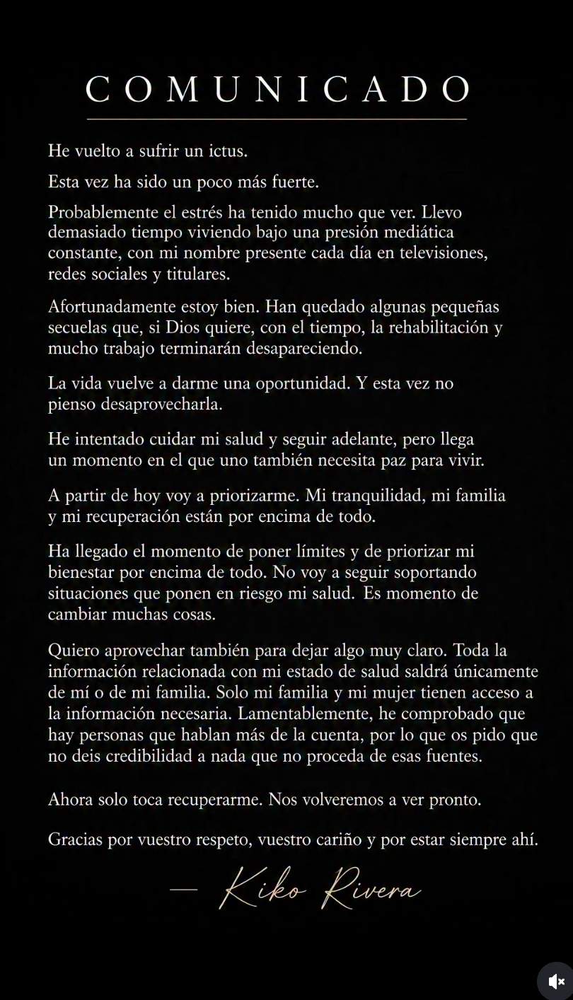 El comunicat de Kiko Rivera sobre el seu estat de salut / Instagram El comunicat de Kiko Rivera sobre el seu estat de salut / Instagram