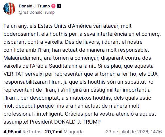 Publicació traduïda de Donald Trump a Truth Social Publicació traduïda de Donald Trump a Truth Social