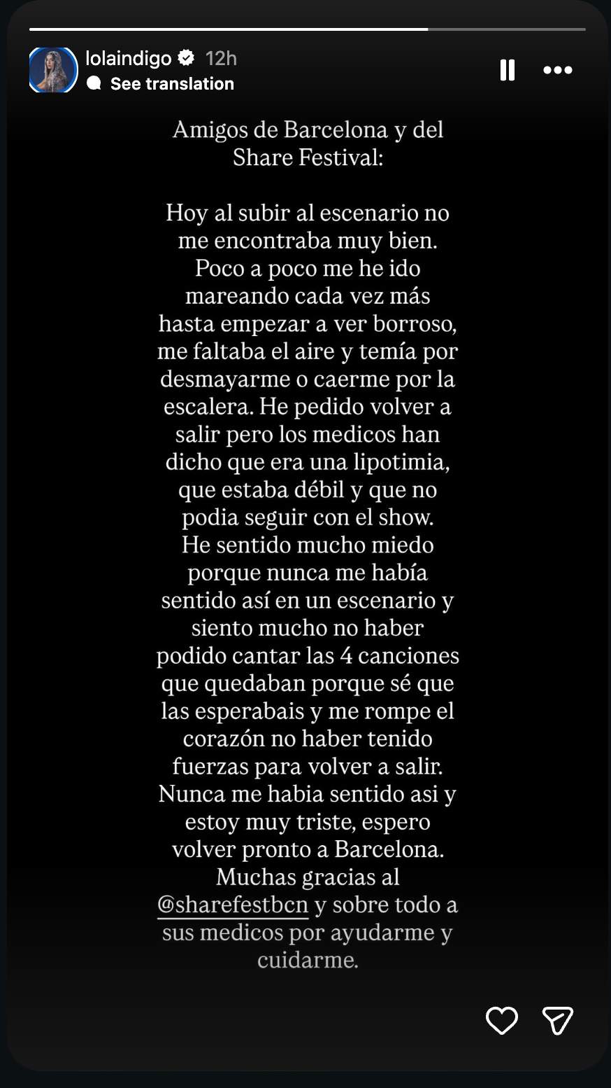 El comunicat de Lola Índigo després de la seva actuació al Share Festival / Instagram El comunicat de Lola Índigo després de la seva actuació al Share Festival / Instagram