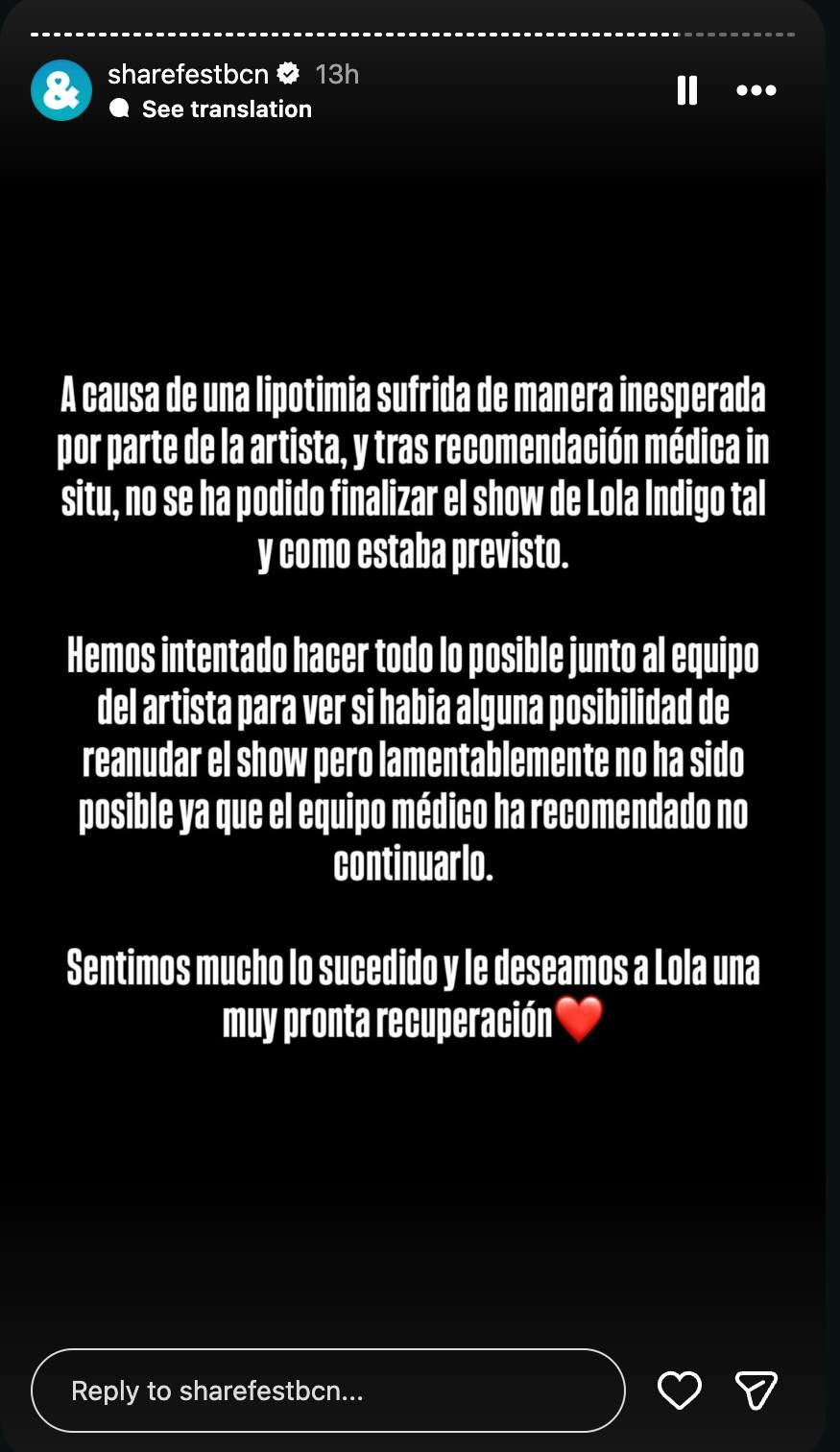 El comunicat del Share Festival sobre l'actuació de Lola Índigo / Instagram El comunicat del Share Festival sobre l'actuació de Lola Índigo / Instagram