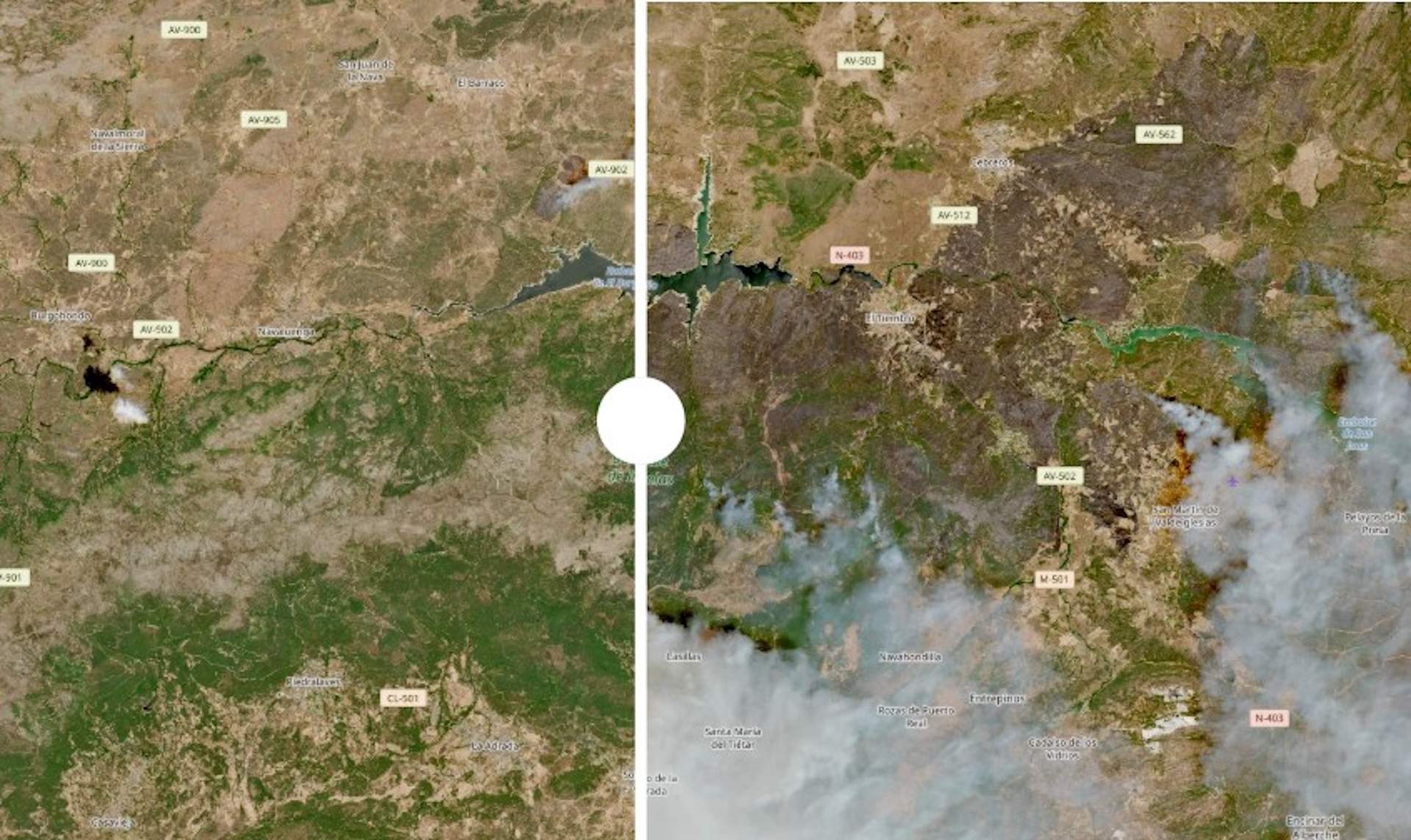 La ferida dels incendis d’Àvila, Guadalajara i Madrid, vista des de l’espai: l’abans i el després