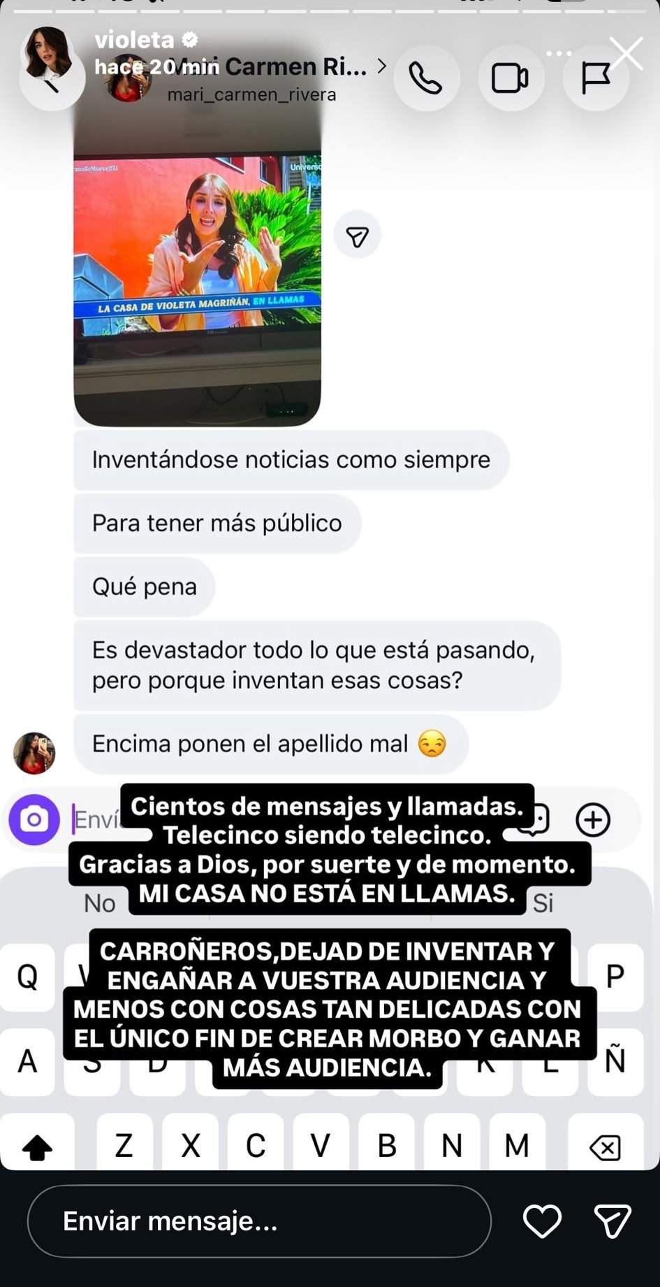 La reacció de Violeta Mangriñan a la informació de Telecinco / Instagram